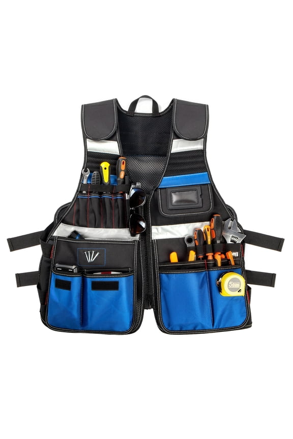 Tool Vest, Electrician Tool Vest for Men, 22 Compartments, Reflective Workwear with Adjustable Waist & Upgraded Comfortable Neck Opening, Blue