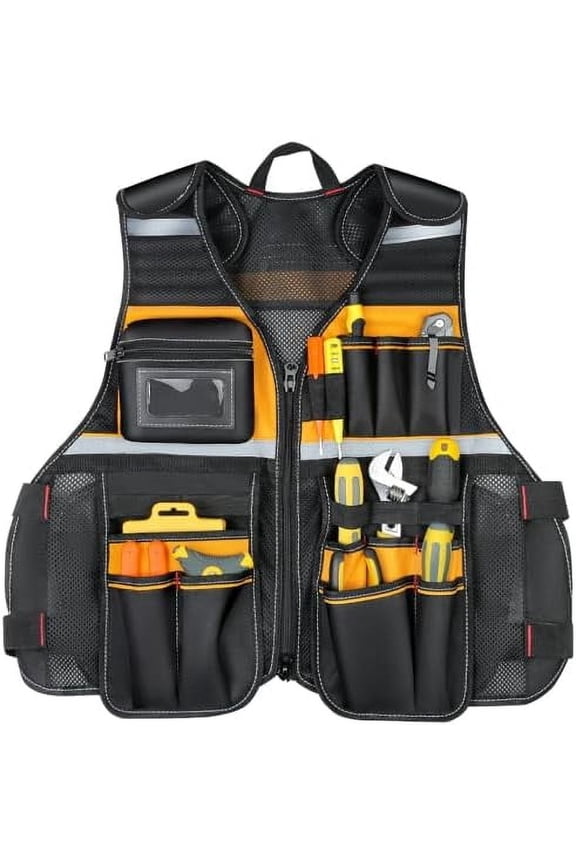Tool Vest, Multi-Pocket Work Vest with Reflective Strips, Oxford Fabric Construction, Black and Yellow