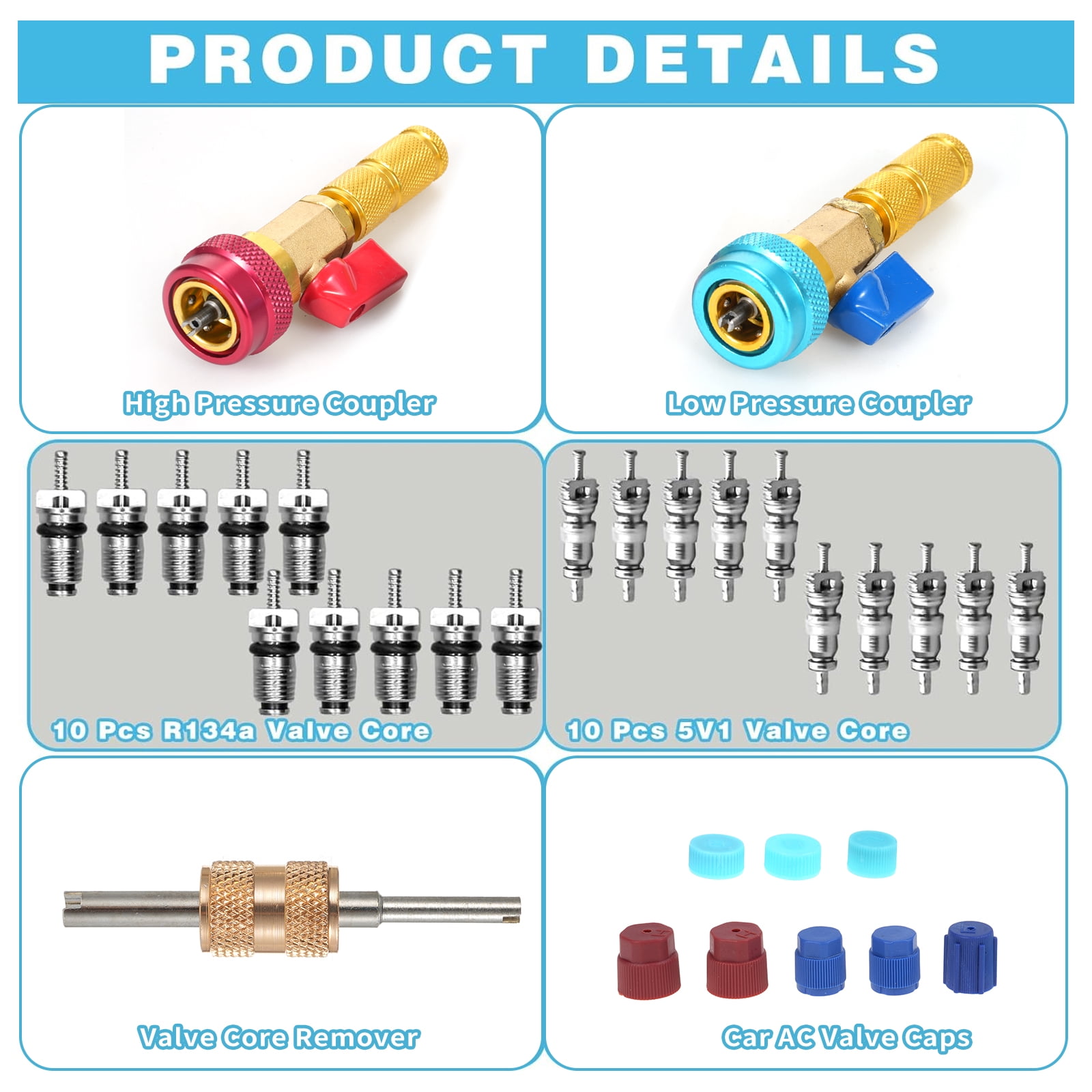 31Pcs R134A AC Valve Core Tool Set - Quick Remover/Installer For High & Low Pressure Ports, Includes Cores & Caps