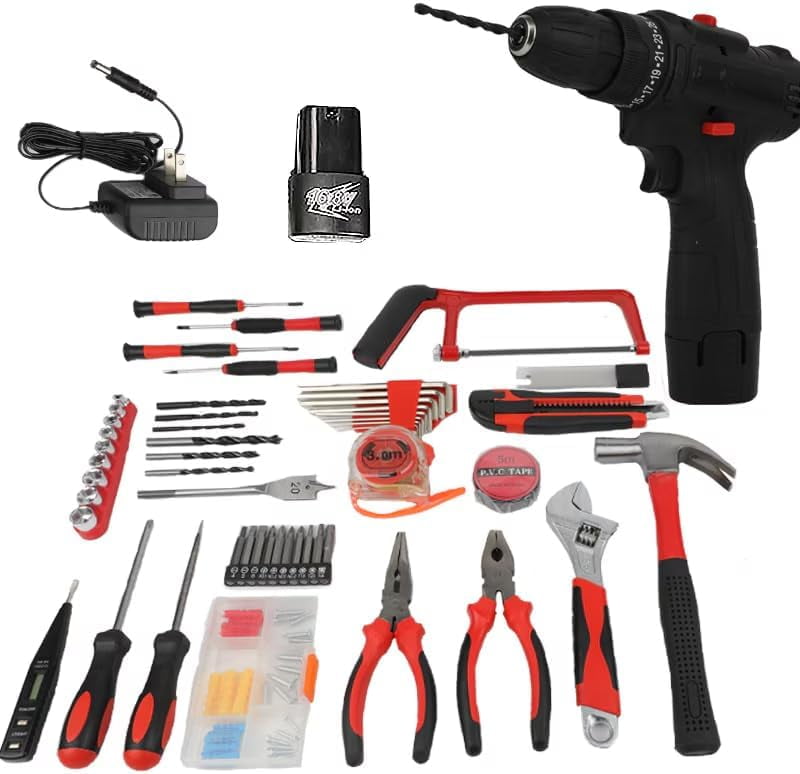 Tool set with 18v cordless drill (2 battery), 126 pieces professional home tool combo Kit. Cordless power Drill and Toolbox set for Household, Homeowners, office, garden, house repair and maintenance