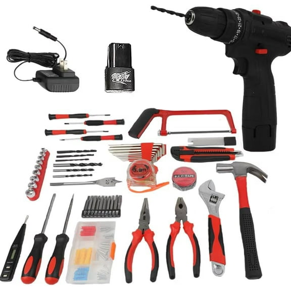 Tool set with 18v cordless drill (2 battery), 126 pieces professional home tool combo Kit. Cordless power Drill and Toolbox set for Household, Homeowners, office, garden, house repair and maintenance