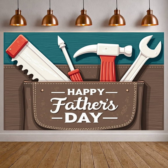 Tool-themed Happy Father's Day Banner Vintage-style Dad Celebration Backdrop Rustic Leather-pocket Design Handyman Party Display for Father's Day Party Family Gathering Dad's Birthday