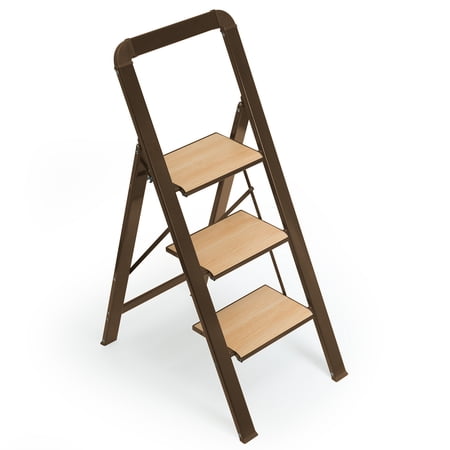 ToolArtess 3 Step Ladder Folding Step Stool with Wide Anti-Slip Pedal, Aluminum Lightweight Step Ladders for Home, 580 lbs Capacity, Brown