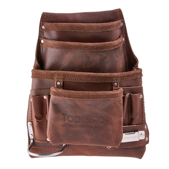 ToolPro 10 Pocket Nail Pouch for Tools, Drywall Equipment, Screws, Hammers, Pliers Heavy-Duty Oil-Tanned Leather Tool Belt Pouch for Construction, Carpentry, Roofing, and DIY Projects