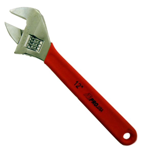 ToolUSA 12" (30.5 cm) Adjustable Wrench | 1.5" (3.8 cm) Jaw Opening with SAE Guide | Red Rubberized Non-Slip Handle | Precision Tool for Professionals & DIY Enthusiasts