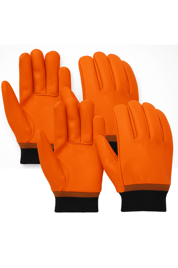 (2 Pairs) Extra Large Men's Work Gloves | High Visibility Orange PVC | Cotton-Fleece Lined | Waterproof with Knit Wrist