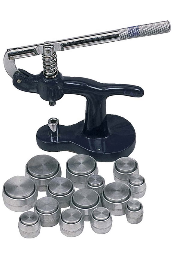 29 Pc Professional Watch Back Press Set | 27 Aluminum Dies & 1 Plastic Die | Ergonomic, Spring-Loaded Handle | Versatile 15mm to 42mm Size Range