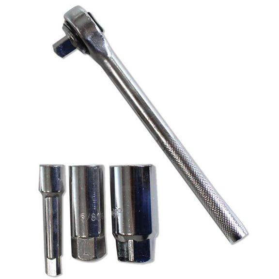 ToolUSA 4-Piece Steel Tune-Up Kit | 7" (17.8 cm) Reversible Ratcheting Handle | 1/4" (0.6 cm) Fitting | Incl. Extender & Two Sockets | Textured Grip | Professional & DIY Essential