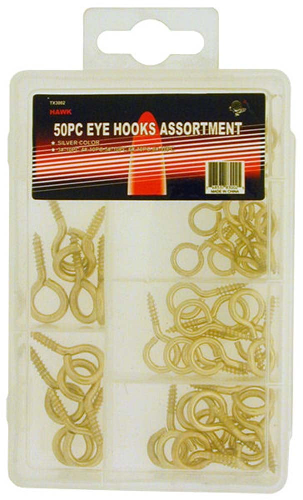 ToolUSA 50-Piece Assorted Eye Hooks Set, Golden Hue, Ideal for Stereo  Wires & TV Cables, Comes in Various Sizes, Neat Organized Storage