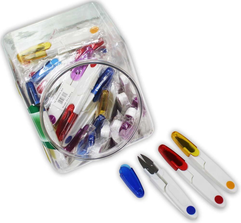 ToolUSA 60-Piece Display Jar | Multicolored Fishing & Thread Nipping Scissors | 4½" Length | Four Colors | Snap-On Safety Covers