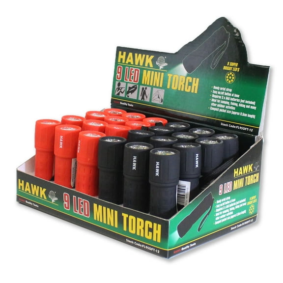 ToolUSA 9 LED Flashlights Display Box | 24 Pieces | Red & Black | 3.75" (9.5 cm) Length | Lightweight 1.2 oz (34 grams) | Soft-Touch Plastic | Battery-Operated