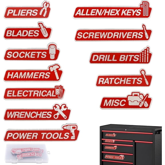 Toolbox Labels, 12 Pack Name Tags with Storage Case, Ideal for Garage & Workshop Organization, Fits Cabinets, Drawers, Mechanic Carts, Easy to Remove and