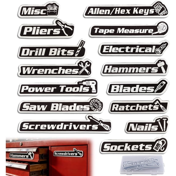 Toolbox Labels, 15 Pack Name Tags with Storage Case, Ideal for Garage & Workshop Organization, Fits Cabinets, Drawers, Mechanic Carts, Easy to Remove and
