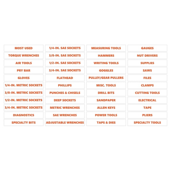 Toolbox Organizational Magnetic Labels Advanced Set by DCM Solutions (Burnt Orange Inverted, 0.75"H x 4.5"W)