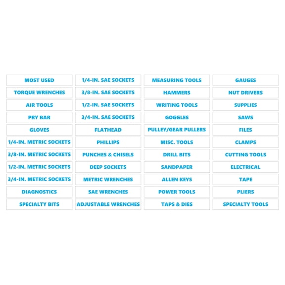 Toolbox Organizational Magnetic Labels Advanced Set by DCM Solutions (Cyan Inverted, 0.75"H x 4.5"W)