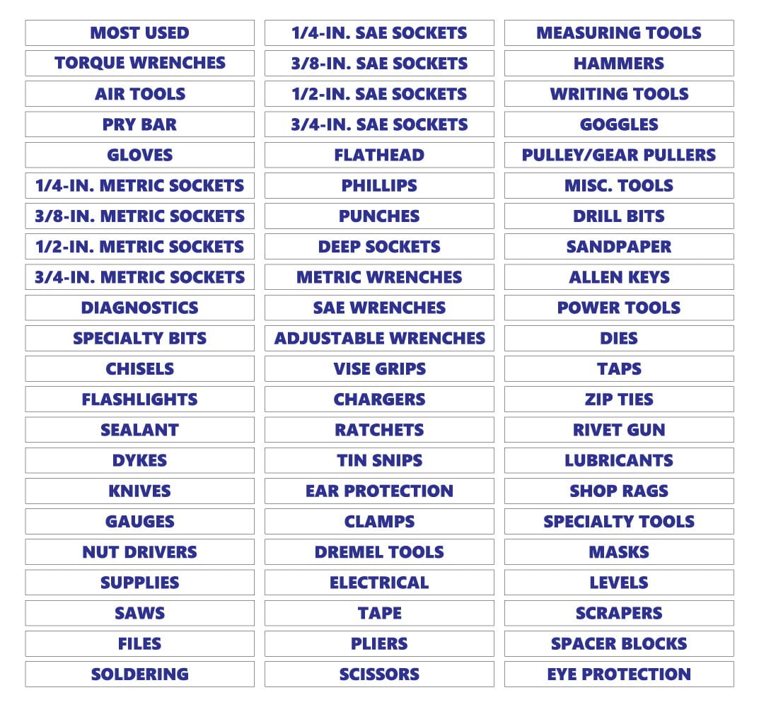 Toolbox Organizational Magnetic Labels Ultimate Set by DCM Solutions (Blue Inverted, 0.5"H x 4.5"W)