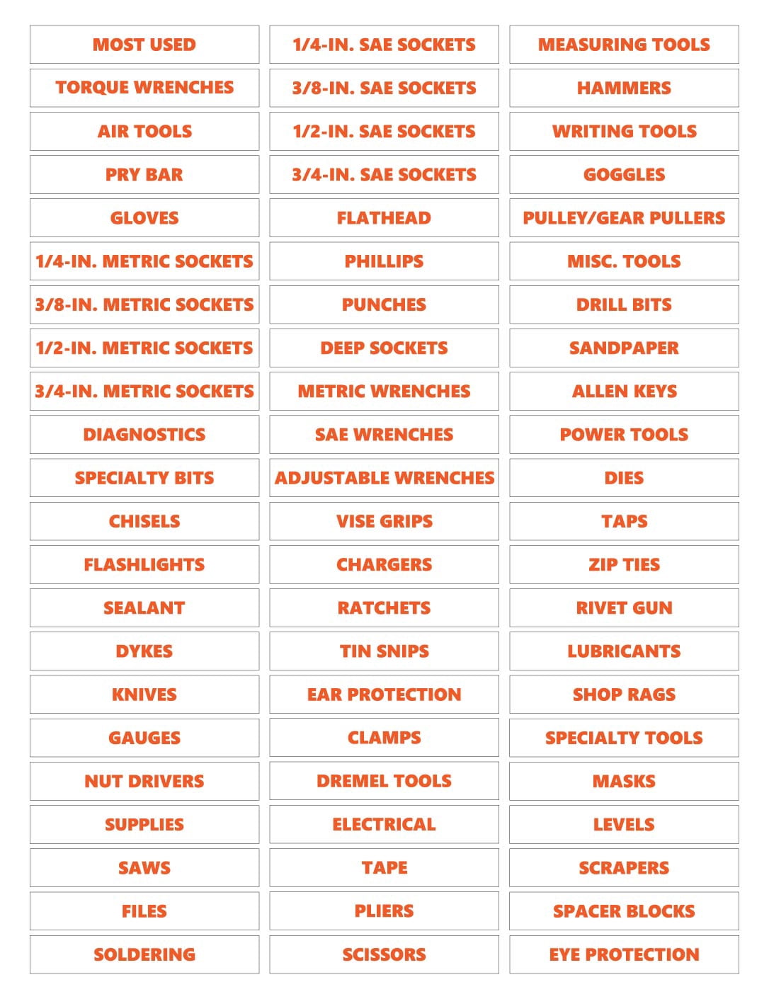 Toolbox Organizational Magnetic Labels Ultimate Set by DCM Solutions (Burnt Orange Inverted, 0.75"H x 4.5"W)