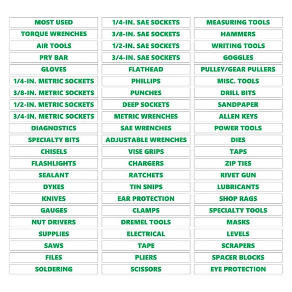 Toolbox Organizational Magnetic Labels Ultimate Set by DCM Solutions (Green Inverted, 0.5"H x 4.5"W)