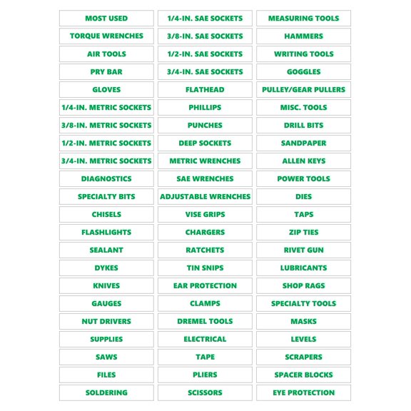 Toolbox Organizational Magnetic Labels Ultimate Set by DCM Solutions (Green Inverted, 0.75"H x 4.5"W)