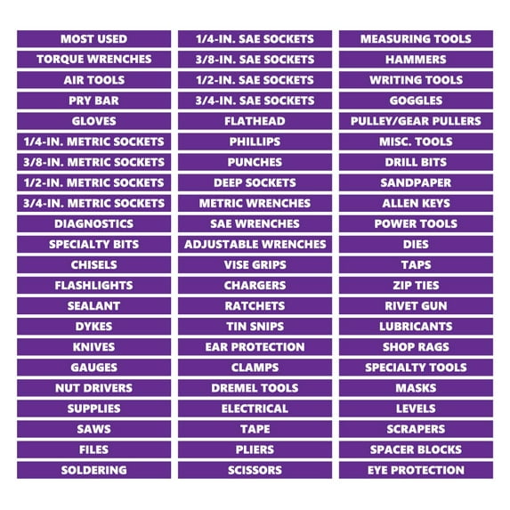 Toolbox Organizational Magnetic Labels Ultimate Set by DCM Solutions (Purple, 0.5"H x 4.5"W)