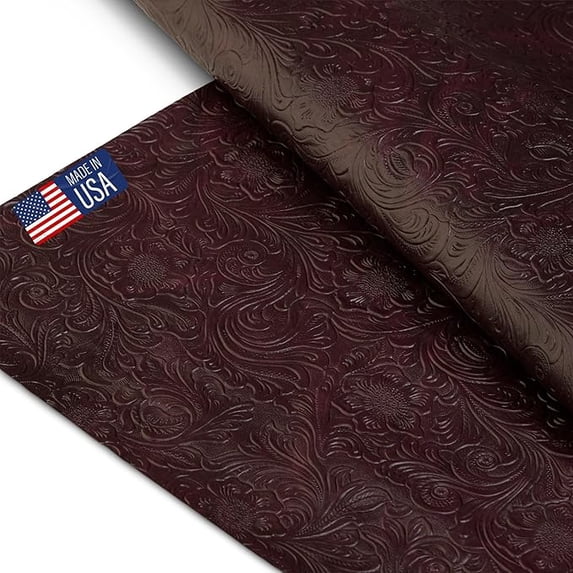 Tooled Faux Leather Western Cowboy, Floral Embossed Vinyl, Craft DIY and Upholstery Textured PU Pleather Fabric - Cut by The Yard (Burgundy)