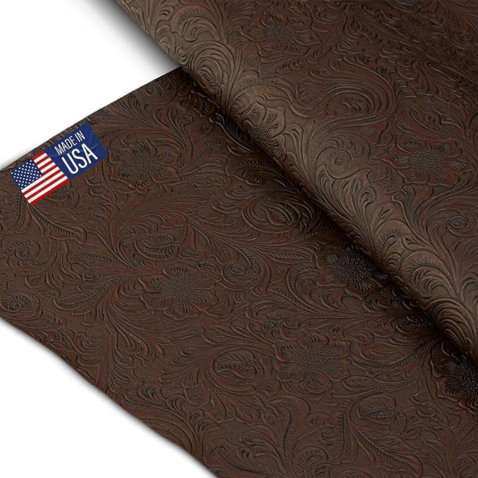 Tooled Faux Leather Western Cowboy, Floral Embossed Vinyl, Craft DIY and Upholstery Textured PU Pleather Fabric - Cut by The Yard (Chocolate)