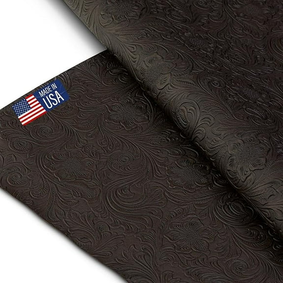 Tooled Faux Leather Western Cowboy, Floral Embossed Vinyl, Craft DIY and Upholstery Textured PU Pleather Fabric - Cut by The Yard (Dark Brown)