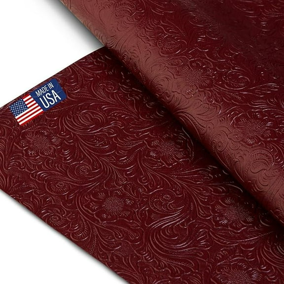 Tooled Faux Leather Western Cowboy, Floral Embossed Vinyl, Craft DIY and Upholstery Textured PU Pleather Fabric - Cut by The Yard (Dark Red)
