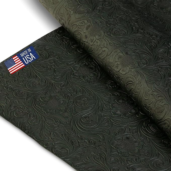 Tooled Faux Leather Western Cowboy, Floral Embossed Vinyl, Craft DIY and Upholstery Textured PU Pleather Fabric - Cut by The Yard (Green)
