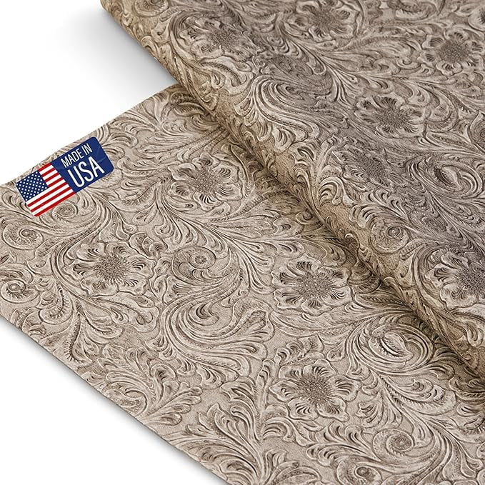Tooled Faux Leather Western Cowboy, Floral Embossed Vinyl, Craft DIY and Upholstery Textured PU Pleather Fabric - Cut by The Yard (Off White)