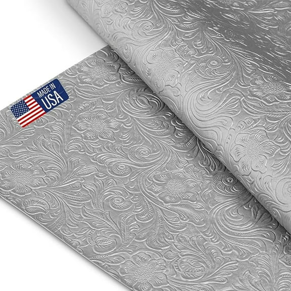 Tooled Faux Leather Western Cowboy, Floral Embossed Vinyl, Craft DIY and Upholstery Textured PU Pleather Fabric - Cut by The Yard (Silver)