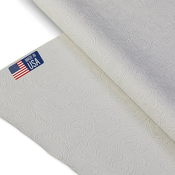 Tooled Faux Leather Western Cowboy, Floral Embossed Vinyl, Craft DIY and Upholstery Textured PU Pleather Fabric - Cut by The Yard (White)