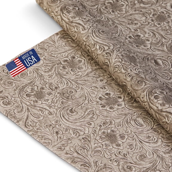 Tooled Faux Leather Western Cowboy, Floral Embossed Vinyl, Craft DIY and Upholstery Textured PU Pleather Fabric - One Foot 12"x54" (Off White)