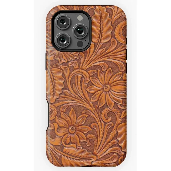 Tooled Leather Faux Western Cowboy Texture Protective Case for iPhone 11 12 13 14 15 16 17 Pro Max