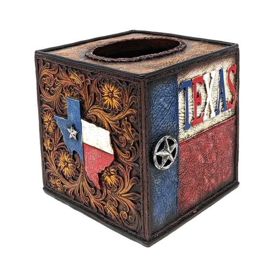 Tooled Leather with Texas Symbols Lone Star Tissue Box Cover - Southwestern Home Decor - Rustic Decorative Tissue Box Holder - for Western Ranch and Farmhouse