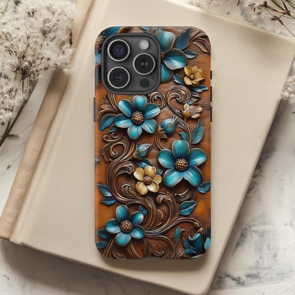 Tooled Leather Turquoise Flower Western Boho Case for iPhone 17 16 15 14 13 12 11 Pro Max