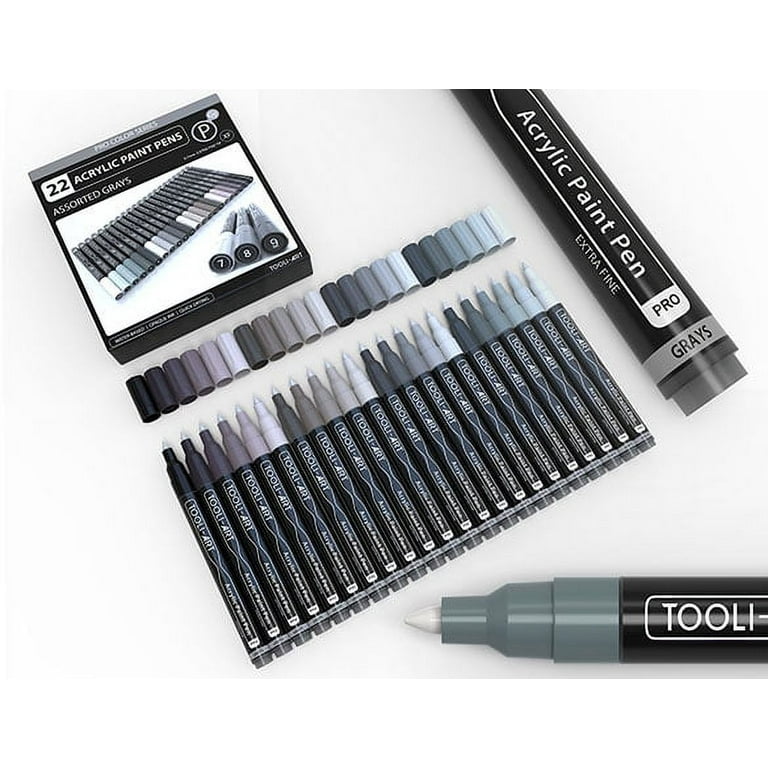 Acrylic Paint Pens Gray Tones 22 Assorted Pro Color Series Grey Markers Set 0.7mm Extra Fine Tip for Rock Painting, Glass, Mugs, Wood, Metal, Canvas