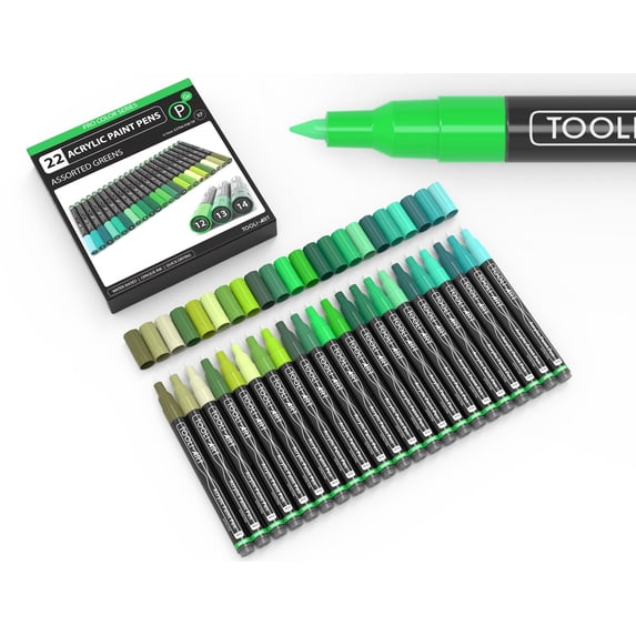Tooli-Art Acrylic Paint Pens Assorted Green Pro Color Series Markers for Rock Painting, Glass, Mugs, Wood, Metal, Canvas with 0.7mm Extra Fine Tip Waterbased, Quick Drying Marker Set of 22