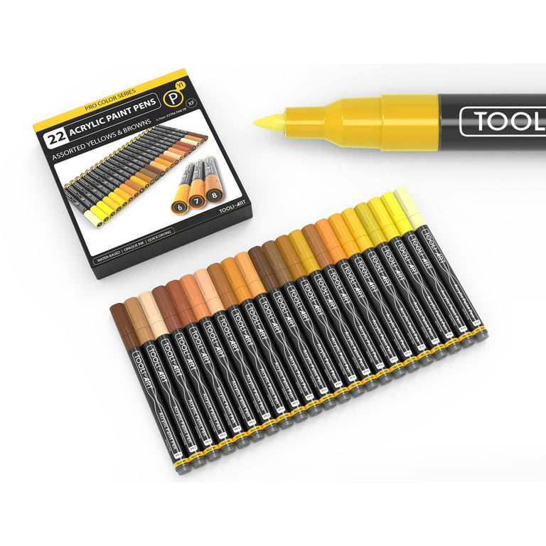 Tooli-Art Acrylic Paint Pens Assorted Yellow and Brown Pro Color Series  Markers for Rock Painting, Glass, Mugs, Wood, Metal, Canvas with 0.7mm  Extra Fine Tip Waterbased, Quick Drying Marker Set of 22 