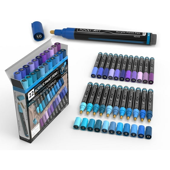 Tooli-Art Acrylic Paint Pens Blues and Purple Pro Color Series with 3mm Medium Tip Marker Set of 22