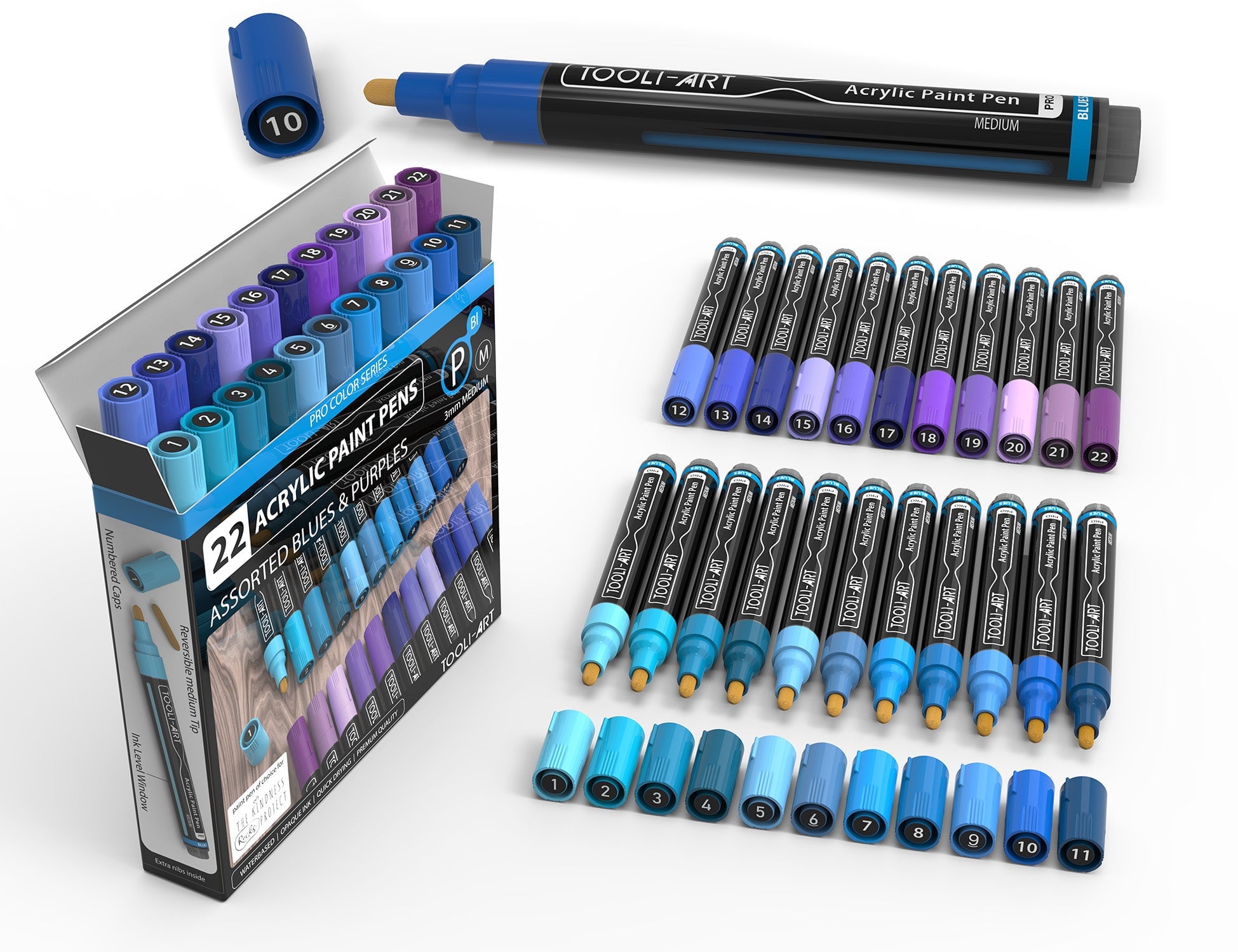 Tooli-Art Acrylic Paint Pens Blues and Purple Pro Color Series with 3mm Medium Tip Marker Set of 22