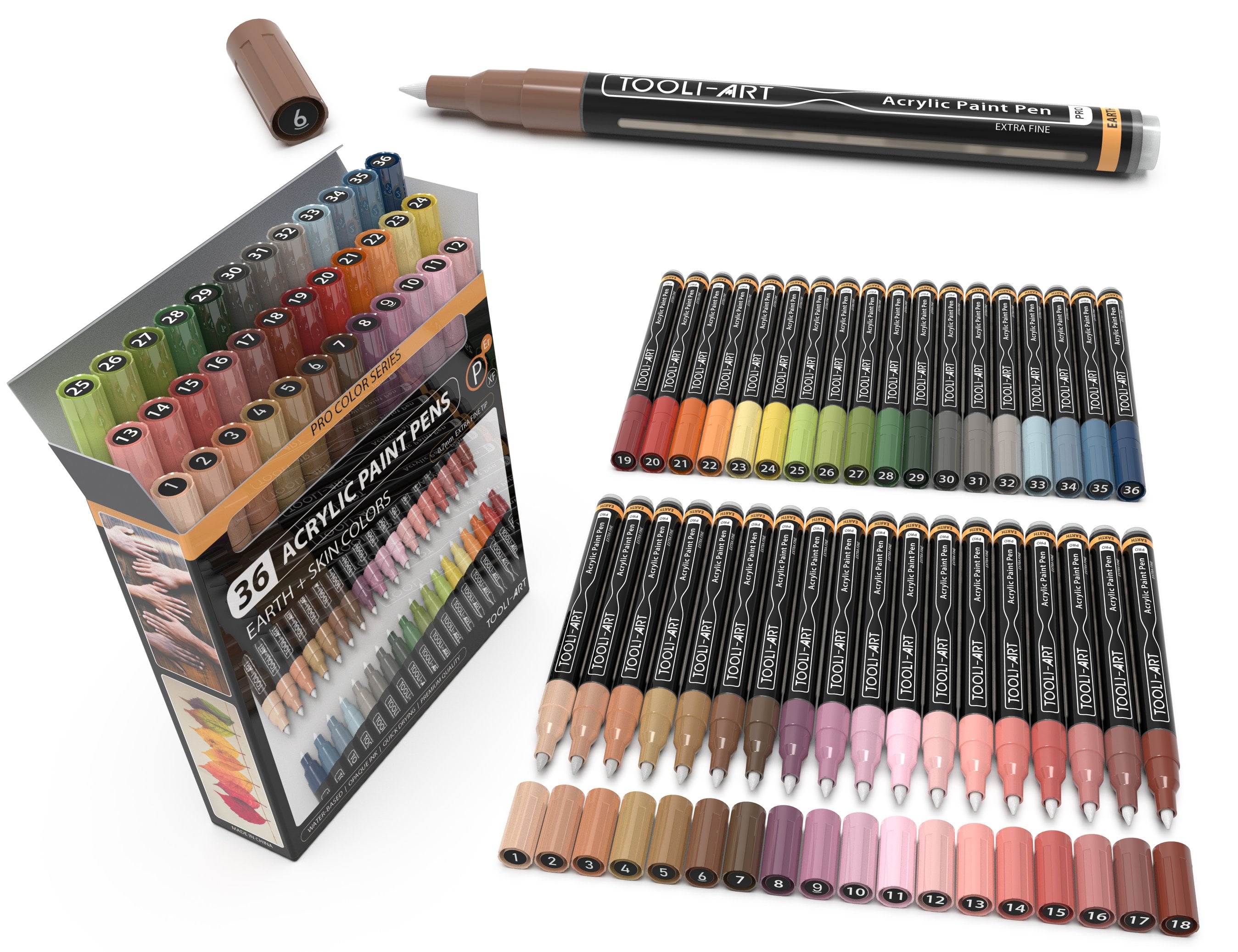 Tooli-Art Acrylic Paint Pens Skin and Earth Tones Marker Set 0.7mm Extra Fine Tip For Rock Painting, Canvas, Most Surfaces with Non-Toxic, Quick Dry Marker Set of 36