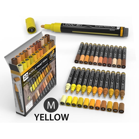 22 Acrylic Paint Pens (YELLOWS & BROWNS) Pro Color Series Set (3mm MEDIUM)
