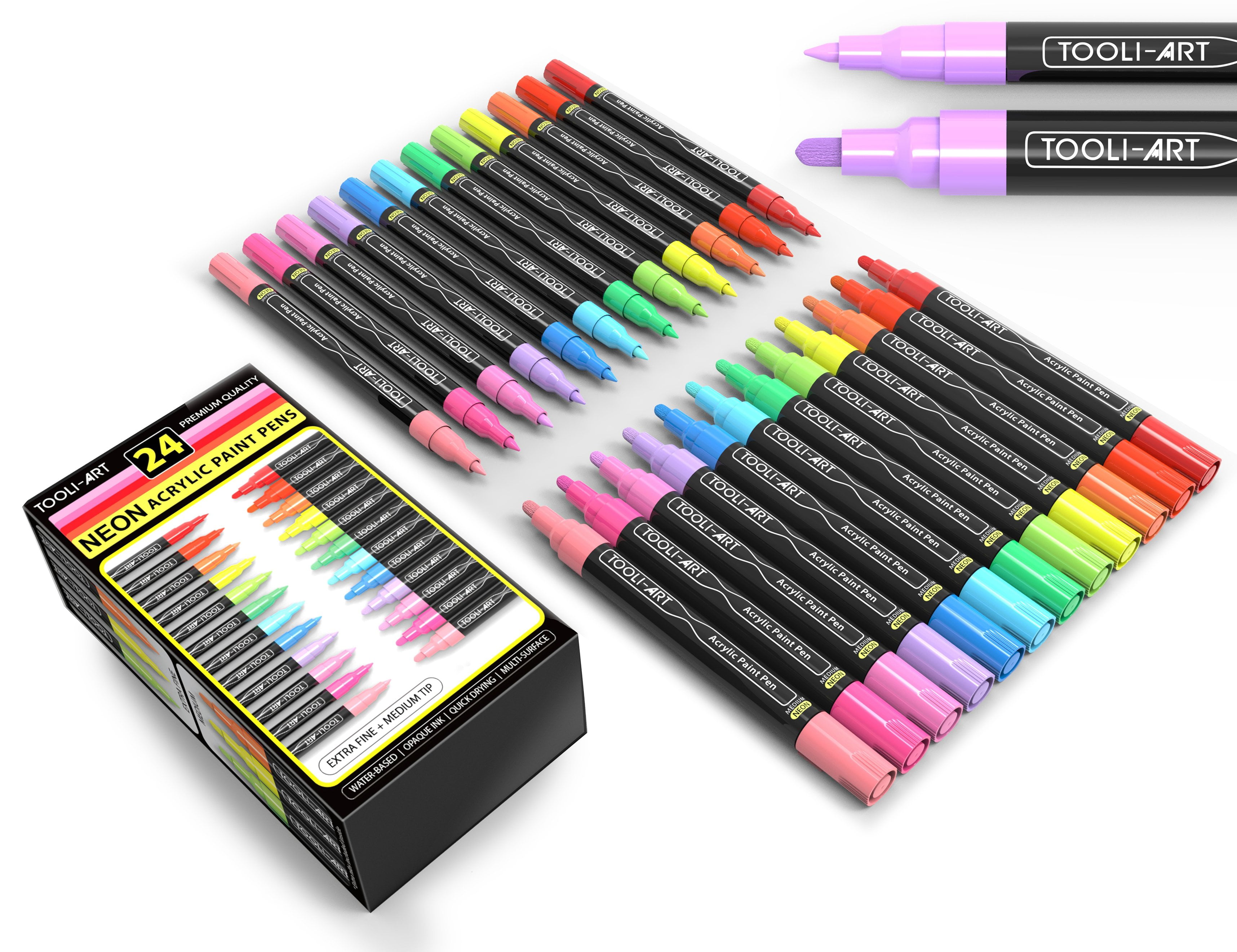 Tooli-Art Neon Fluorescent Acrylic Paint Pens Marker for Rocks, Glass, Mugs, and Most Surfaces with 0.7mm Extra Fine and 3.0mm Medium Tip Marker Set of 24