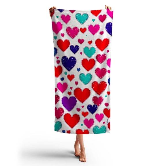 Toolie Bonka Hearts Beach Towel for Adults & Kids, 30in x 60in Dual sided Polyester & Cotton Valentines Day gift towels for Women & Teens