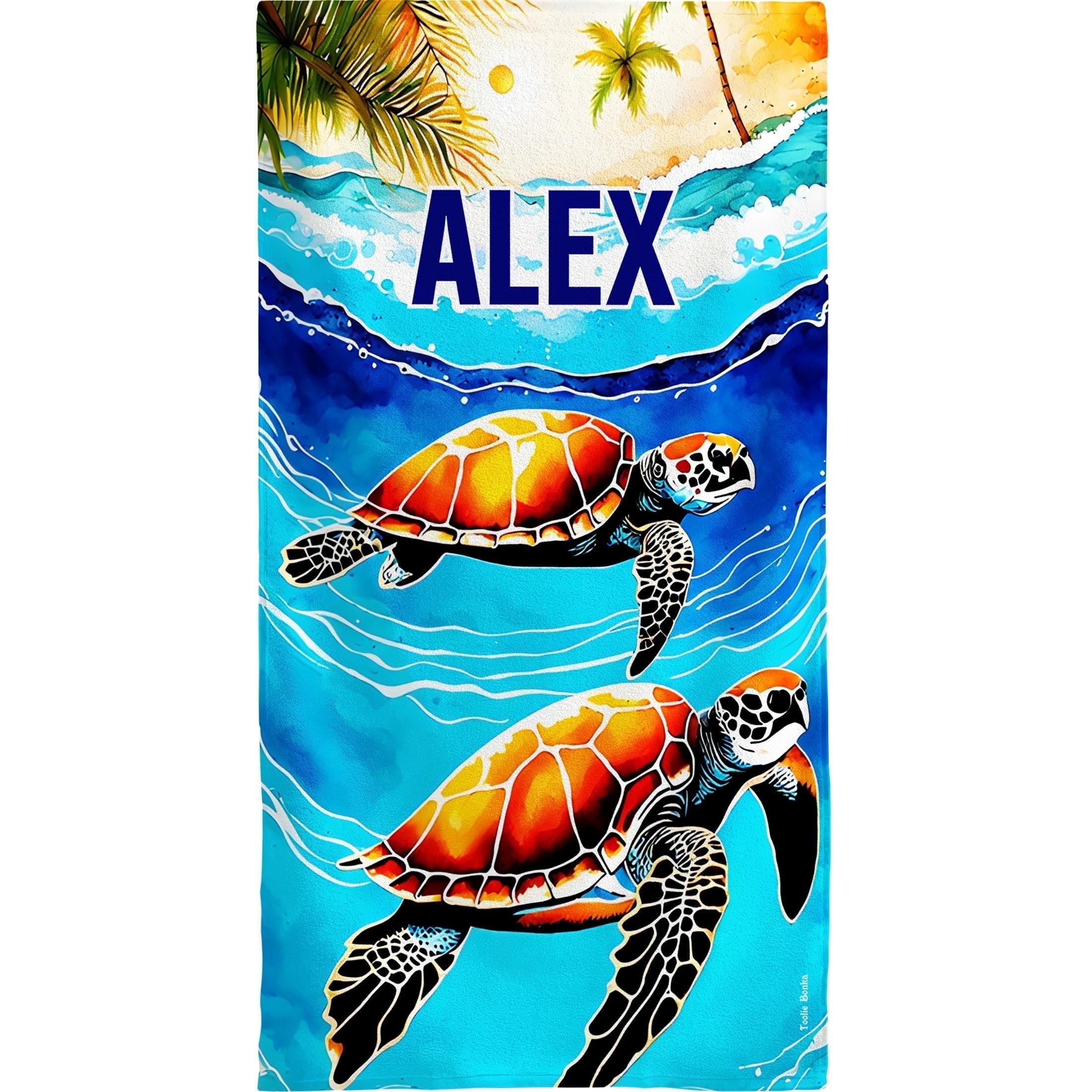 Toolie Bonka Personalized Tropical Sea Turtle Beach Towel for Boys, 30×60 Dual sided Polyester & Cotton gift towels for kids