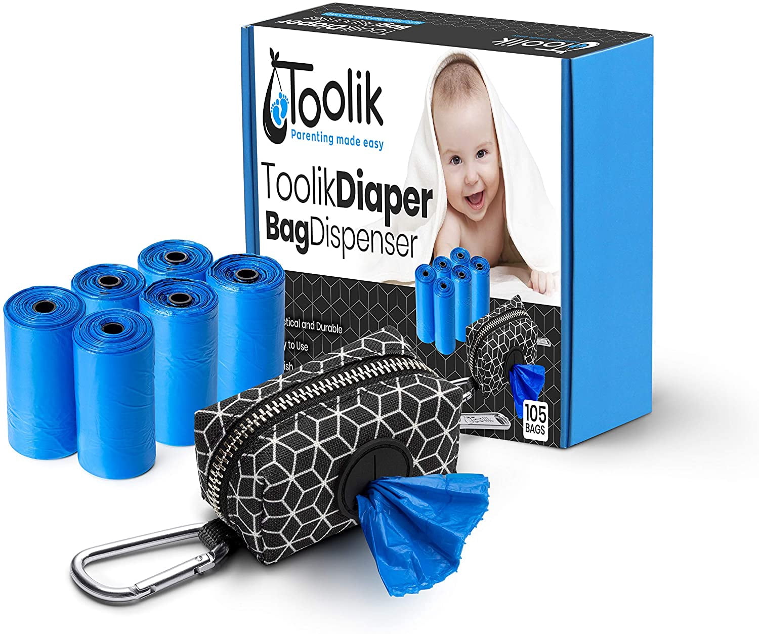 Toolik Diaper Bag Dispenser with 105 Disposable Unscented Waste Bags (7 Refill Rolls) for Baby and Toddler Poop or Dirty Clothes, Essential for Travel and Quick Change on The Go (3D Cubes)