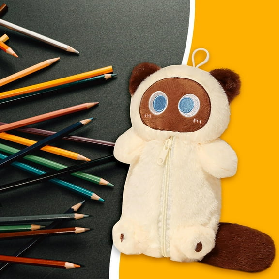 Toolix Stationery Bag Cute Internet Celebrity Big-Eyed Cat Pencil Case Creative Funny Plush Multifunctional Cosmetic Bag Hanging Pencil Case White A