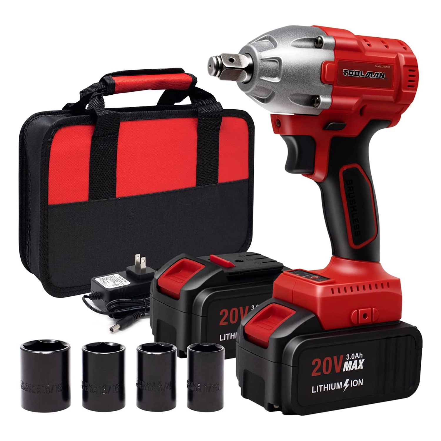 Toolman 20V 9PC Lithium Ion Cordless Brushless Battery Impact Wrench Red