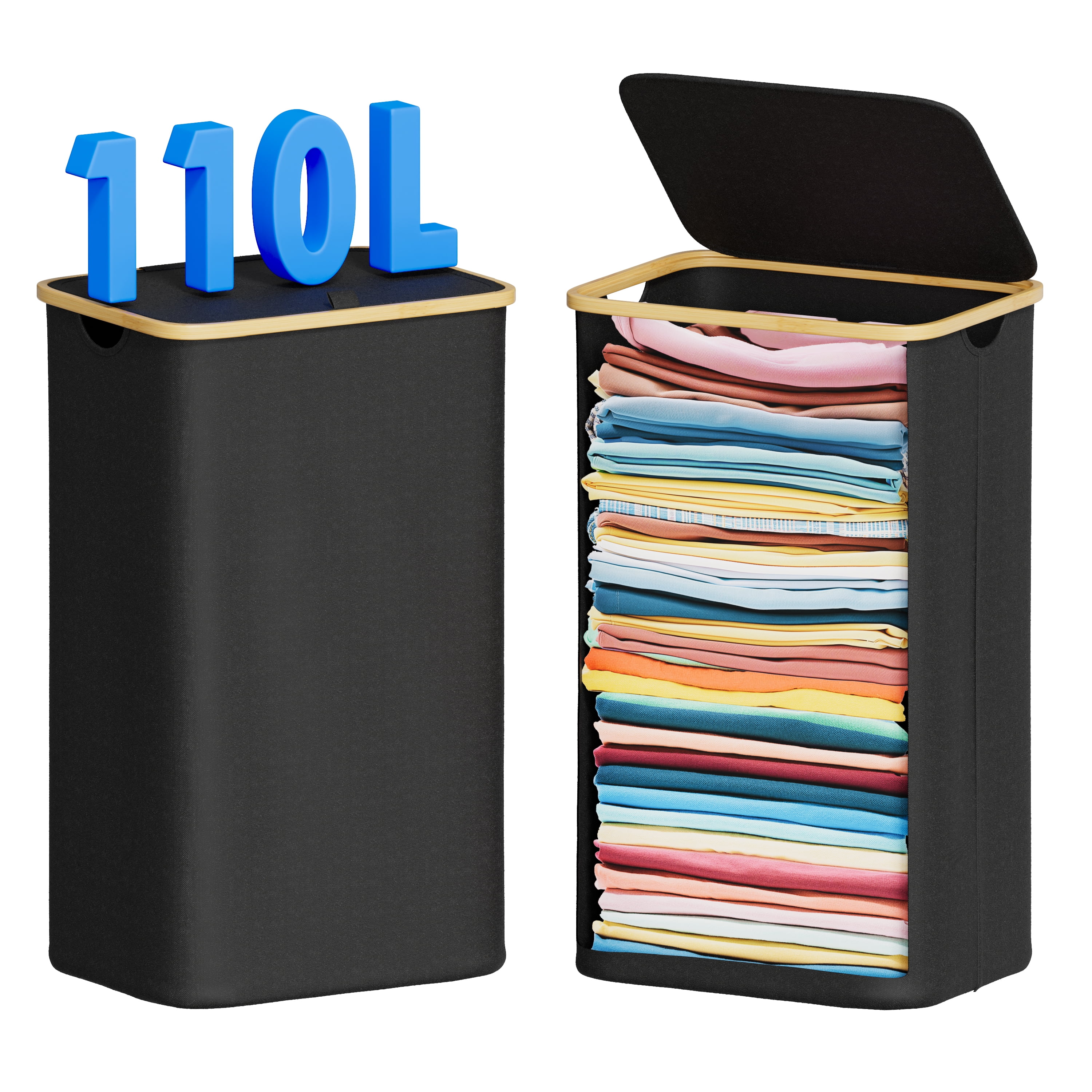 Tooloton 110L Large Laundry Hamper, Foldable, Fabric, Black